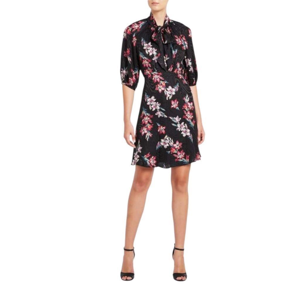 Rebecca Taylor Black Floral Silk Blend Tie Neck Dress Women's Size 4